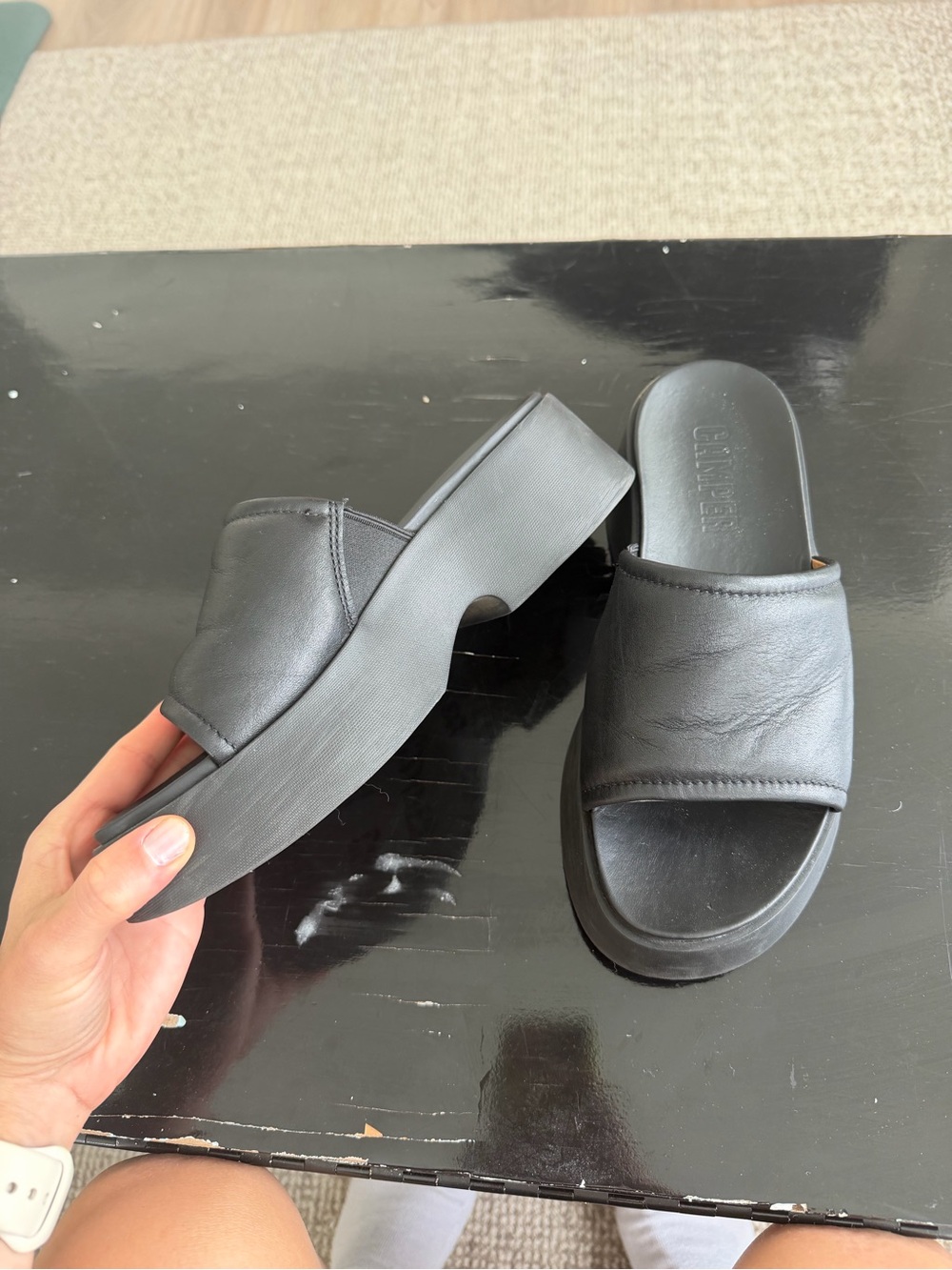 Women's Black Leather Slide Sandals - Platform Camper 37